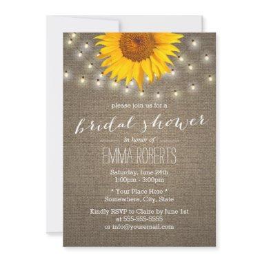 Burlap Sunflower & String Lights Bridal Shower Invitations