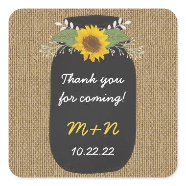 Burlap Sunflowers Chalk Mason Jar thank you favor Square Sticker