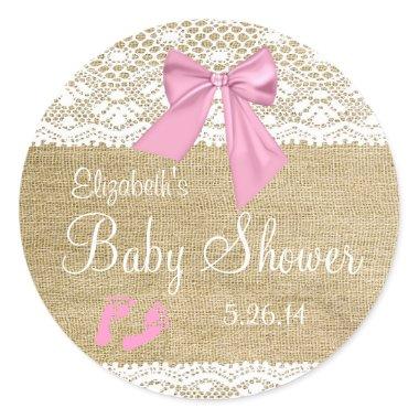 Burlap,White Lace, Pink Bow Baby Shower Classic Round Sticker