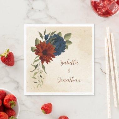 burnt orange and navy blue floral napkins