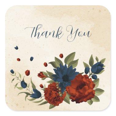 burnt orange and navy blue floral thank you square sticker