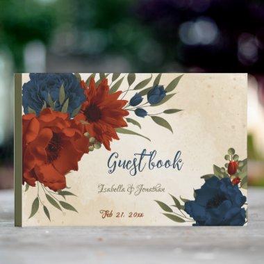burnt orange and navy blue floral wedding guest book