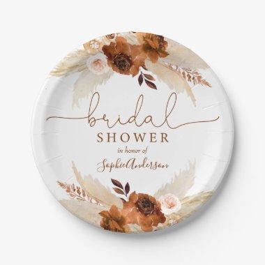 Burnt Orange Bohemian Pampas Grass Bridal Shower Paper Plates