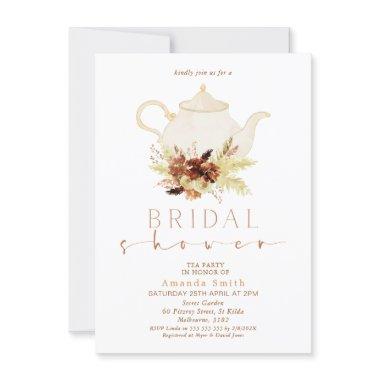 Burnt Orange Boho Floral Tea Party Bridal Shower Invitations