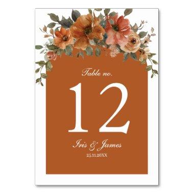 Burnt Orange Brown Floral Wedding  Table Number