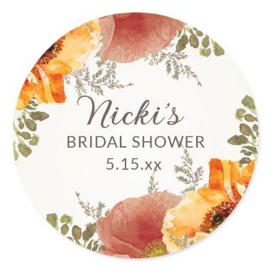 Burnt Orange Fall Autumn Floral  Name Classic Round Sticker