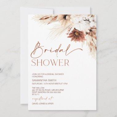 Burnt Orange Floral Pampas Grass Bridal Shower Invitations