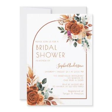 Burnt Orange Flowers Pampas Grass Bridal Shower Invitations