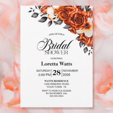 Burnt Orange Rose Floral Bridal Shower Invitations