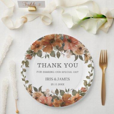 Burnt Orange Rust Floral Wedding Shower Birthday Paper Plates
