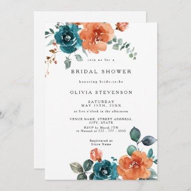 Burnt Orange Teal Floral Bridal Shower Invitations