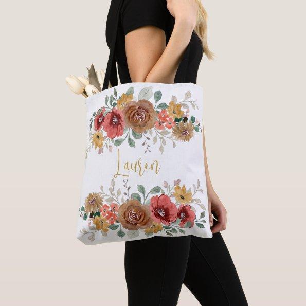 Burnt Sienna Coral Floral Watercolor Bouquets Name Tote Bag