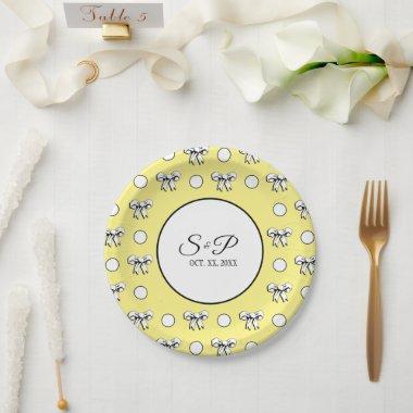 Butter Yellow Polka Dot White Bow Personalized Paper Plates