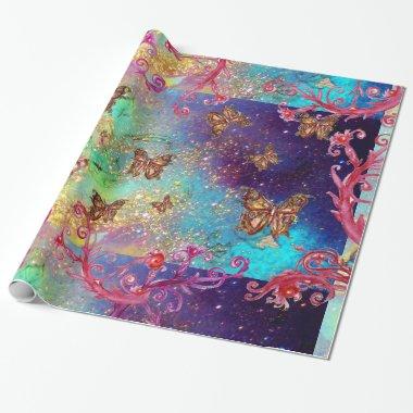 BUTTERFLIES IN GOLD YELLOW AQUA BLUE SPARKLES WRAPPING PAPER