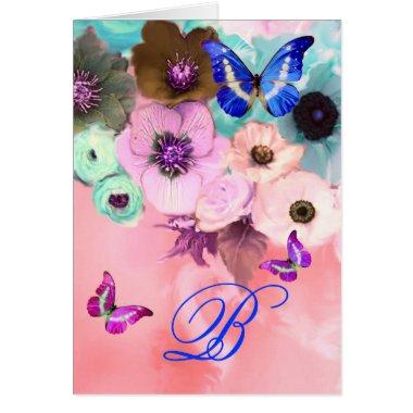 BUTTERFLIES,PINK TEAL ROSES AND ANEMONE FLOWERS