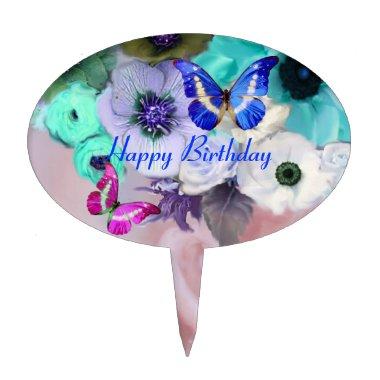 BUTTERFLIES,PINK TEAL ROSES AND ANEMONE FLOWERS CAKE TOPPER