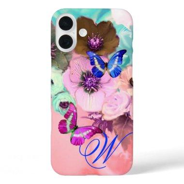 BUTTERFLIES,PINK TEAL ROSES AND ANEMONE FLOWERS iPhone 16 PLUS CASE