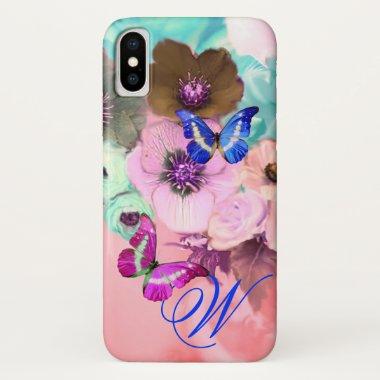 BUTTERFLIES,PINK TEAL ROSES AND ANEMONE FLOWERS iPhone X CASE