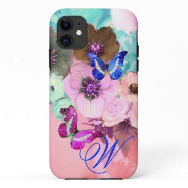 BUTTERFLIES,PINK TEAL ROSES AND ANEMONE FLOWERS iPhone 11 CASE