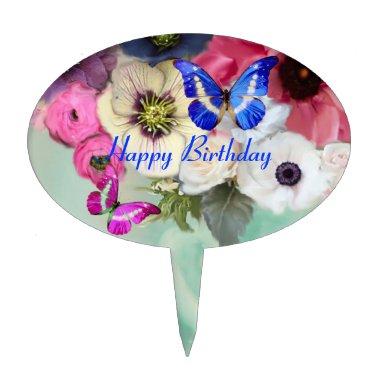 BUTTERFLIES,PINK WHITE ROSES AND ANEMONE FLOWERS CAKE TOPPER