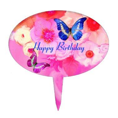 BUTTERFLIES PINK WHITE ROSES ,ANEMONE FLOWERS CAKE TOPPER