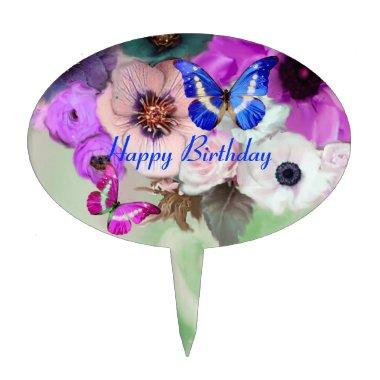 BUTTERFLIES PURPLE WHITE ROSES ,ANEMONE FLOWERS CAKE TOPPER