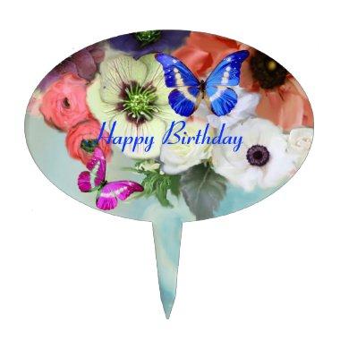 BUTTERFLIES RED WHITE ROSES AND ANEMONE FLOWERS CAKE TOPPER