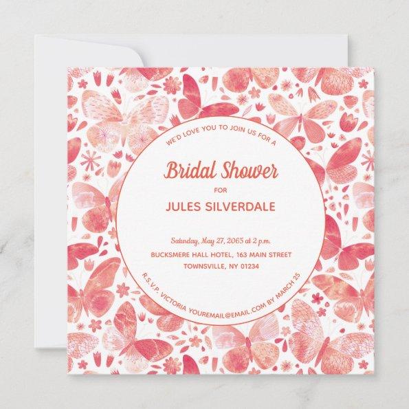 Butterflies Watercolor Coral Pink Bridal Shower Invitations
