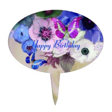 BUTTERFLIES WHITE BLUE ROSES ,ANEMONE FLOWERS CAKE TOPPER