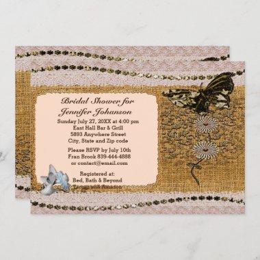 Butterfly, Beads Lace & Burlap Bridal Shower Invitations