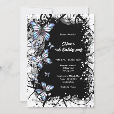 Butterfly blue black white floral snow swirl Invitations