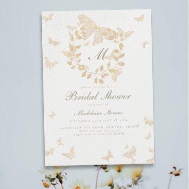 Butterfly Bridal Shower Gold Monogram Greenery Invitations