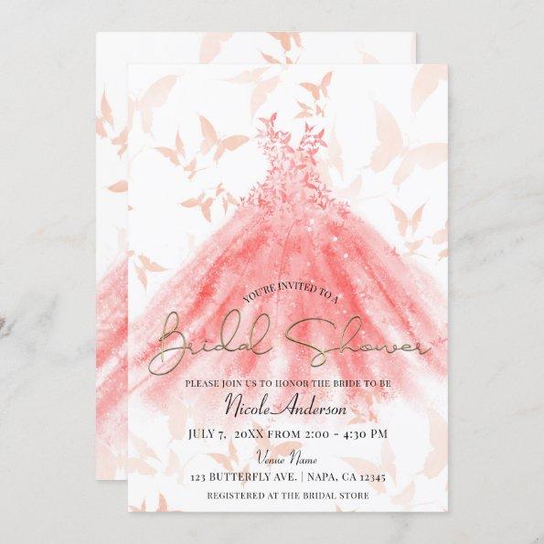Butterfly Dance Coral Dress Gold Bridal Shower Invitations