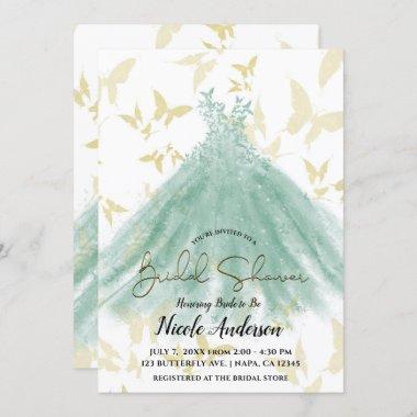 Butterfly Dance Green Dress Gold Bridal Shower Invitations