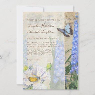 Butterfly Dragonfly Blue White Flowers Wedding Invitations