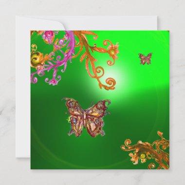 BUTTERFLY EMERALD GREEN, bright pink yellow brown Invitations