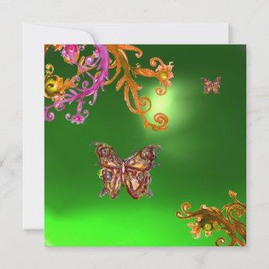 BUTTERFLY EMERALD GREEN, bright pink yellow brown Invitations
