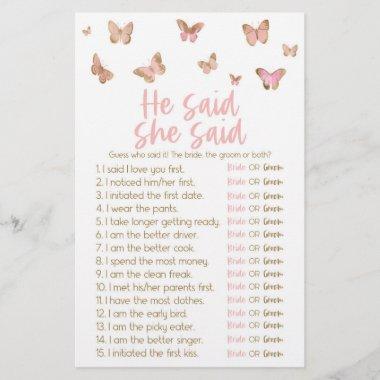 Butterfly He Said She Said Bridal Shower Game Stationery