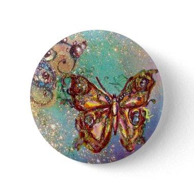 BUTTERFLY IN BLUE GOLD SPARKLES PINBACK BUTTON