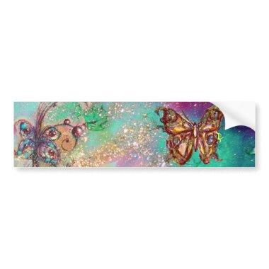 BUTTERFLY IN GOLD BLUE SPARKLES BUMPER STICKER