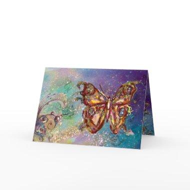 BUTTERFLY IN GOLD SPARKLES ,Blue Green Teal Invitations