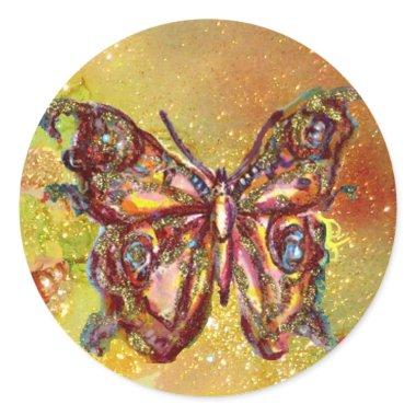 BUTTERFLY IN GOLD SPARKLES CLASSIC ROUND STICKER