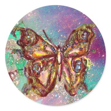 BUTTERFLY IN GOLD SPARKLES CLASSIC ROUND STICKER