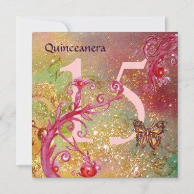 BUTTERFLY IN GOLD SPARKLES Quinceanera Birthday Invitations