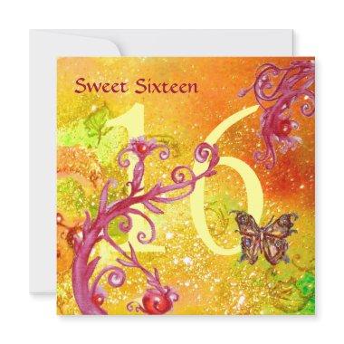 BUTTERFLY IN GOLD SPARKLES SWEET16 Birthday Party Invitations