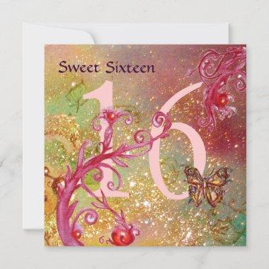 BUTTERFLY IN GOLD SPARKLES SWEET16 Birthday Party Invitations