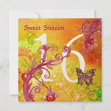 BUTTERFLY IN GOLD SPARKLES SWEET16 Birthday Party Invitations