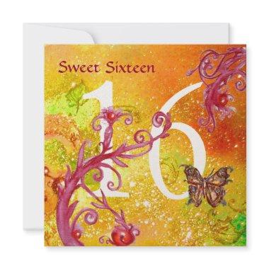 BUTTERFLY IN GOLD SPARKLES SWEET16 Birthday Party Invitations