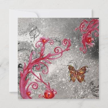 BUTTERFLY IN SPARKLE Red Gold Metallic Wedding Invitations