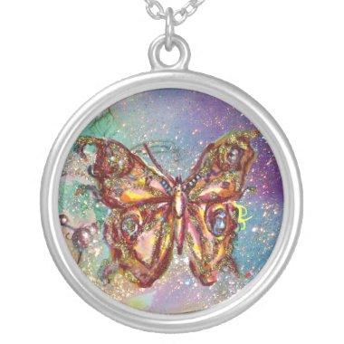 BUTTERFLY IN SPARKLES , blue Silver Plated Necklace